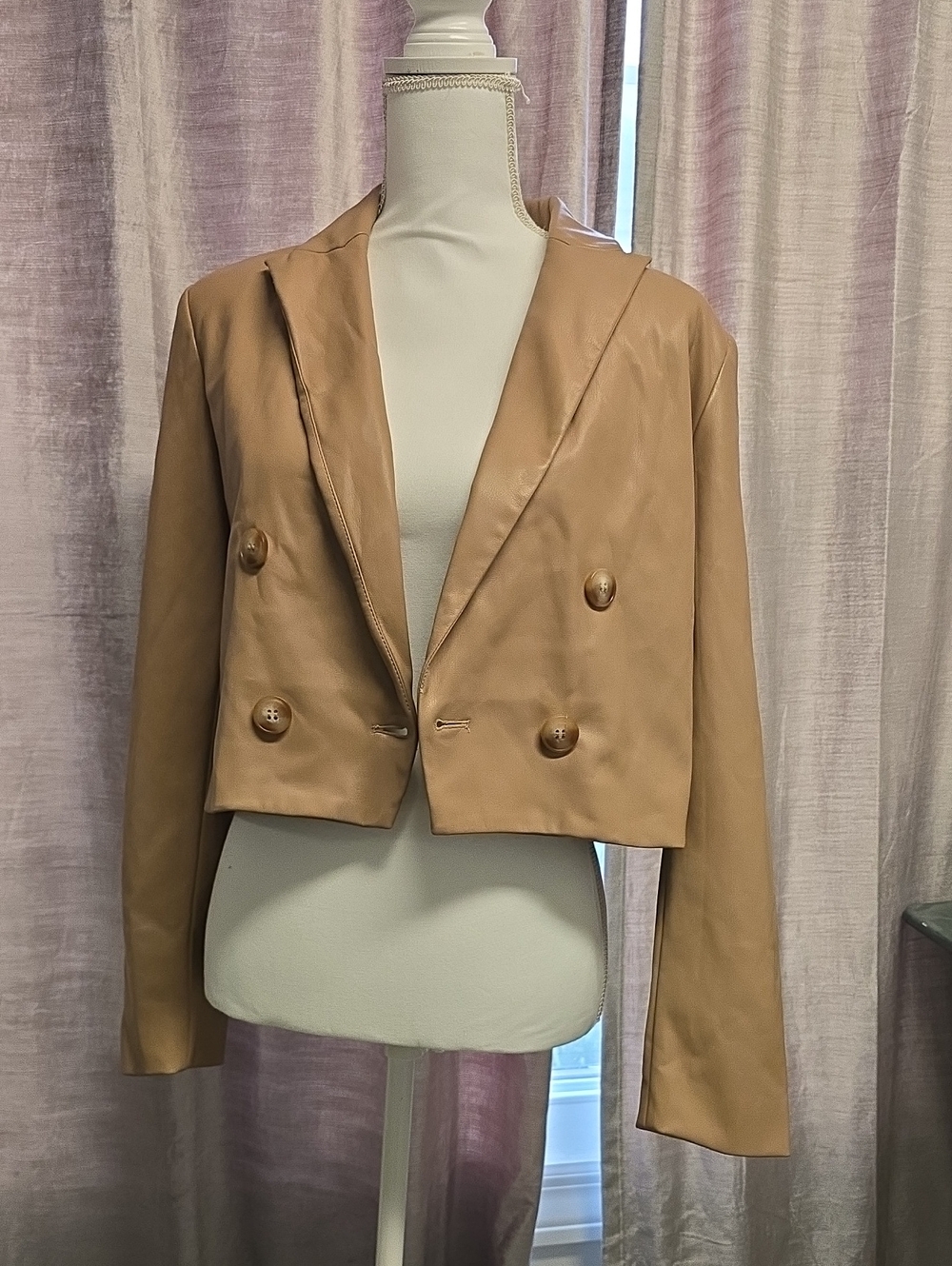 NWT Catherine Malandrino Camel Tan Faux Leather Cropped Blazer sizeM